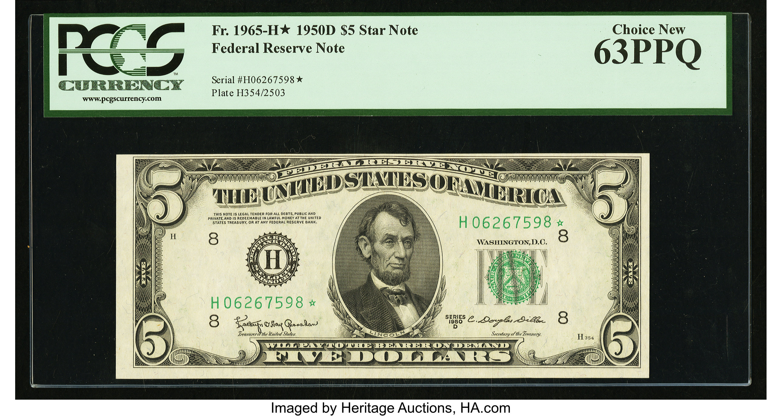 image for: Fr. 1965-H* $5 1950D Federal Reserve Note. PCGS Choice New 63PPQ....