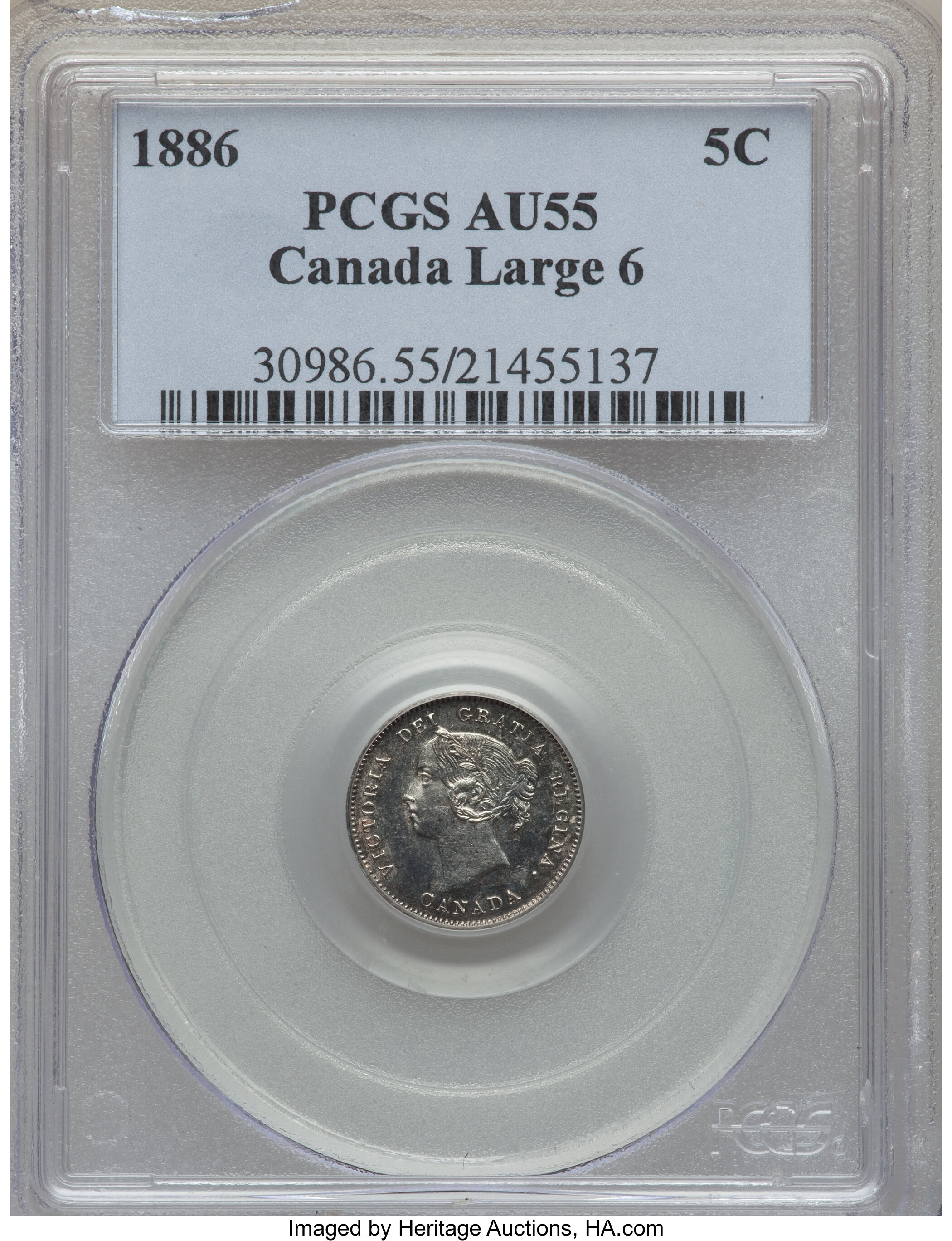 image for: Victoria "Large 6" 5 Cents 1886 AU55 PCGS