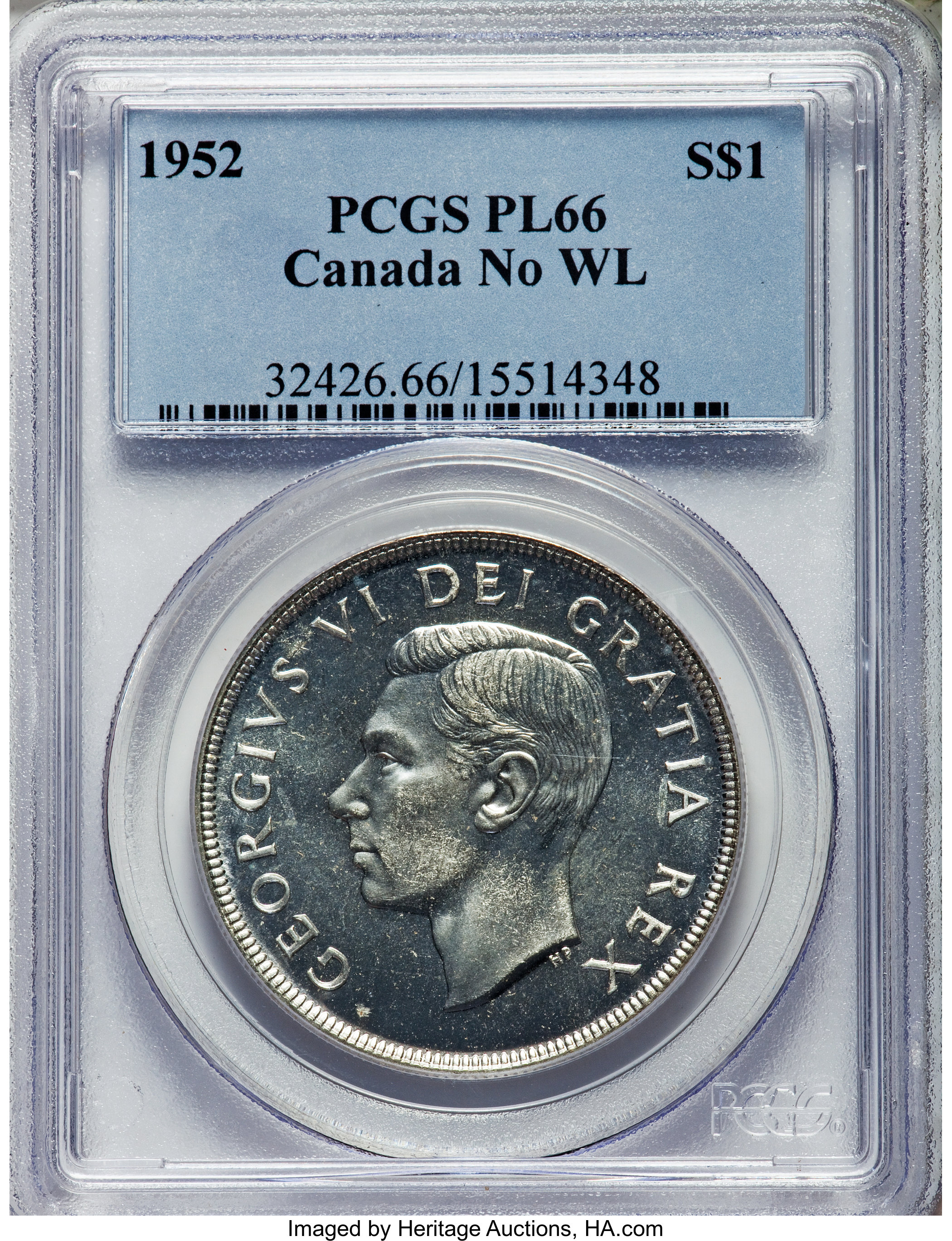 image for: George VI "No Water Lines" Prooflike Dollar 1952 PL66 PCGS
