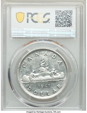 image for: George VI "Pointed 7" Dollar 1947 AU53 PCGS