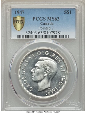 image for: George VI "Pointed 7 - 4xHP" Dollar 1947 MS63 PCGS
