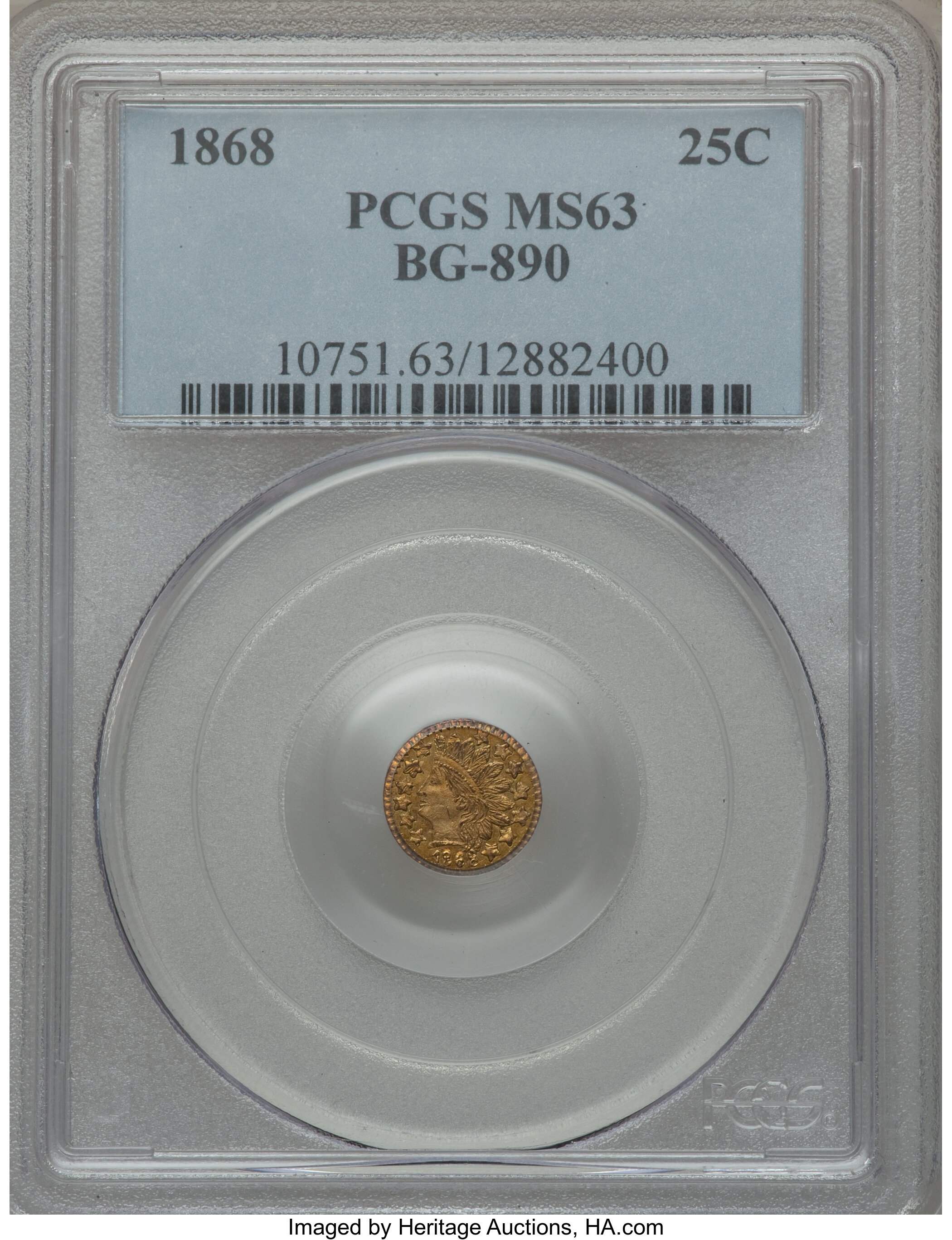 image for: 1868 25C Indian Round 25 Cents, BG-890, High R.5, MS63 PCGS. PCGS Population (6/15). NGC Census: (0/2).  ...