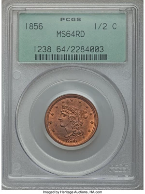 image for: 1856 1/2 C MS64 Red PCGS. C-1, B-2a, R.1....
