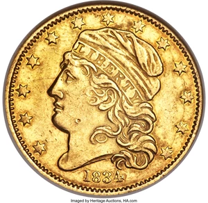 image for: 1834 $5 Capped Head, Crosslet 4 -- Cleaned -- ANACS. AU Details, Net XF40. BD-2, R.5....