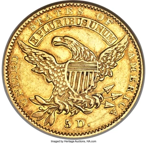image for: 1834 $5 Capped Head, Crosslet 4 -- Cleaned -- ANACS. AU Details, Net XF40. BD-2, R.5....