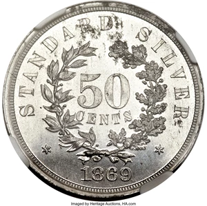 image for: 1869 50C Standard Silver Half Dollar, Judd-753, Pollock-836, High R.7, PR62 NGC. CAC....