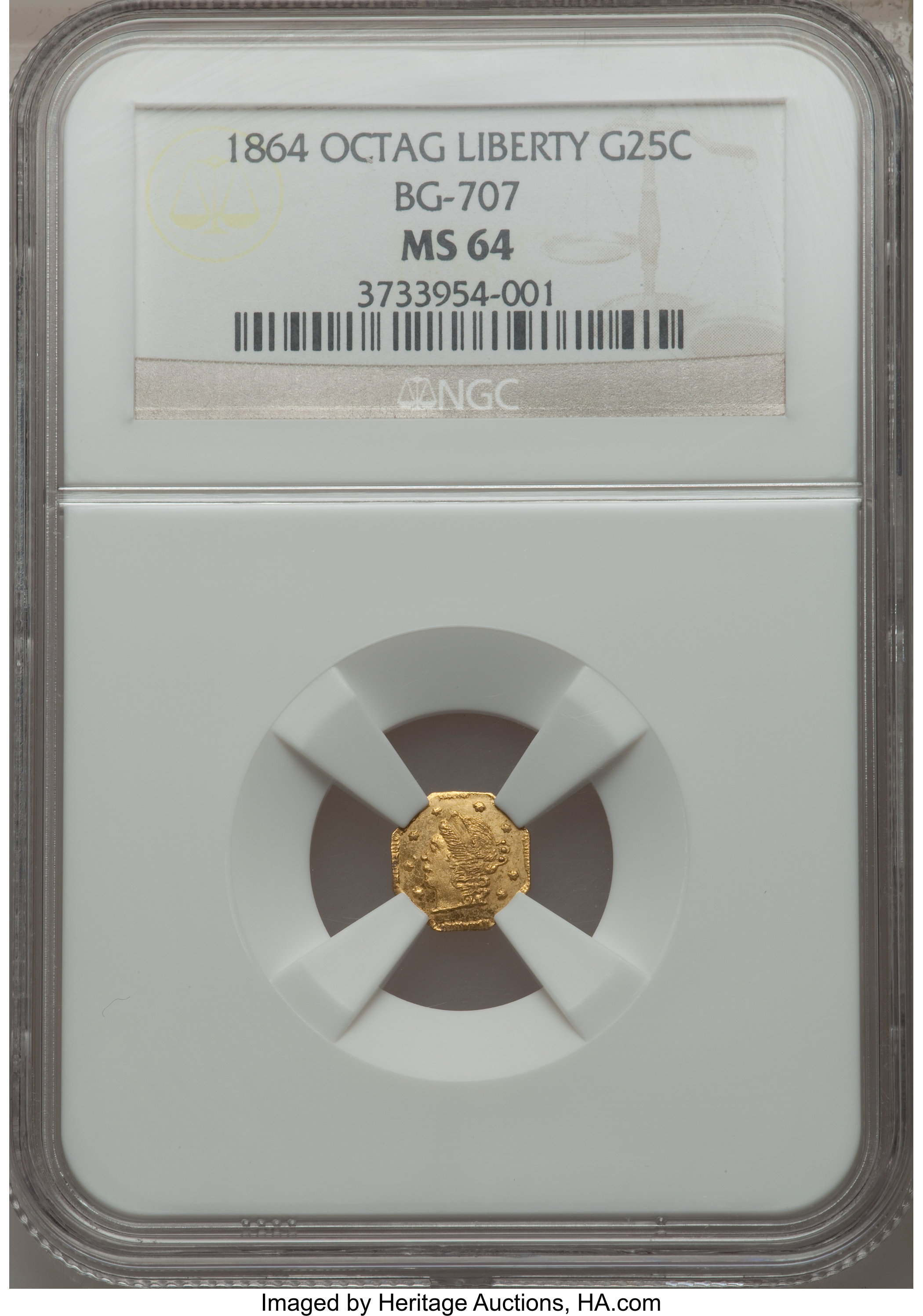 image for: 1864 25C Liberty Octagonal 25 Cents, BG-707, High R.7, MS64 NGC....