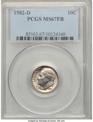 image for: 1982-D 10C MS67 Full Bands PCGS. PCGS Population (4/0). NGC Census: (0/0). Mintage: 542,713,600. ...