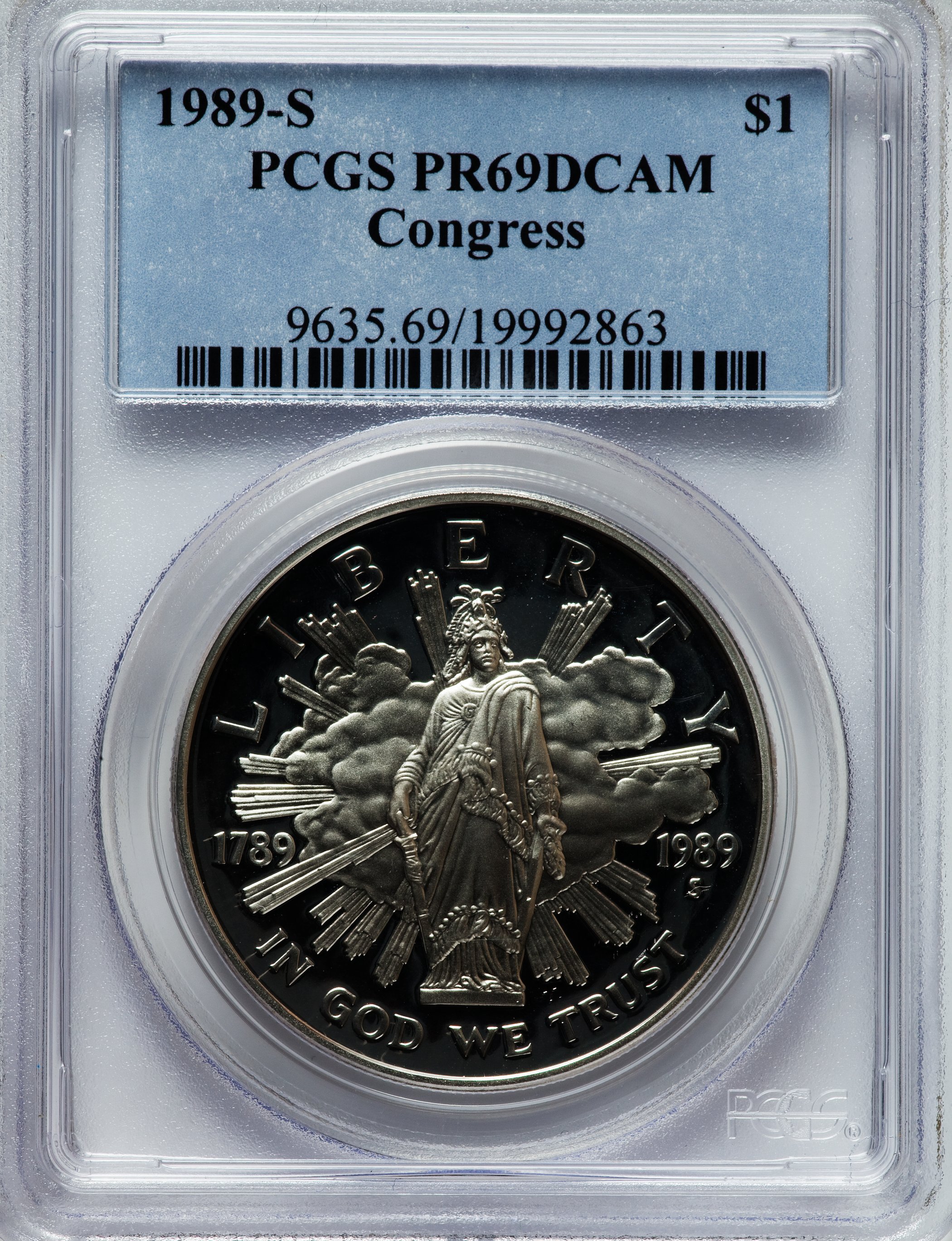 1989-S $1 Congress Silver Dollar PR69 Deep Cameo PCGS. PCGS Population (2769/82). NGC Census: (3283/65). Mintage: 762,198. ...