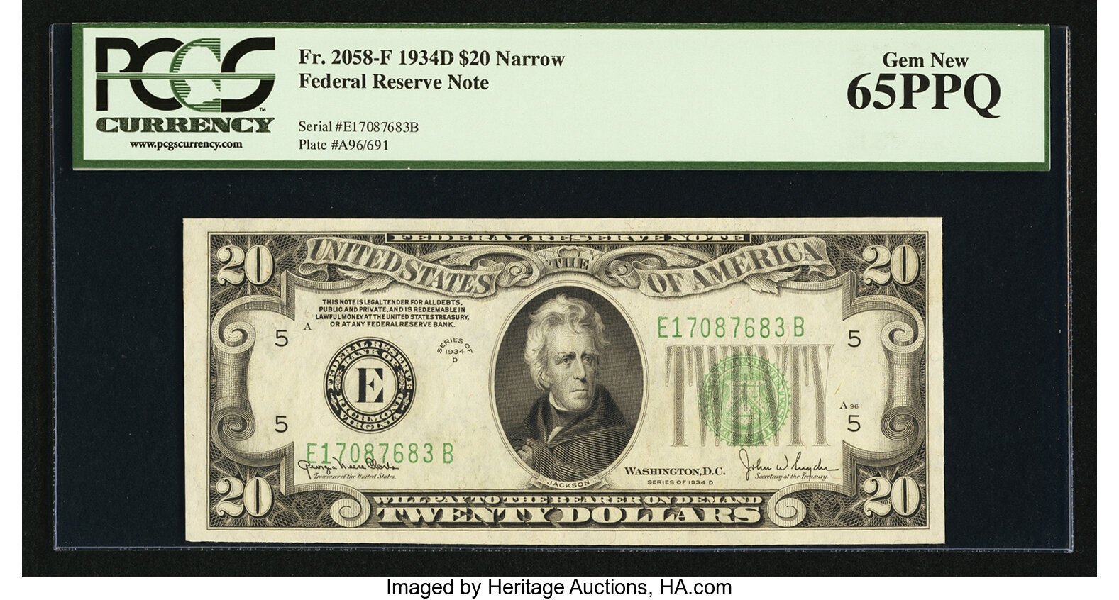 image for: Fr. 2058-E $20 1934D Narrow Federal Reserve Note. PCGS Gem New 65PPQ....
