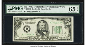 image for: Fr. 2106-B $50 1934D Federal Reserve Note. PMG Gem Uncirculated 65 EPQ....