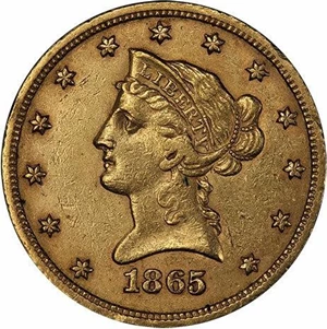image for: $10 1865-S 865/INVERTED 186. PCGS AU53 CAC