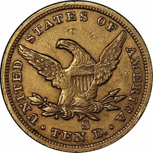 image for: $10 1865-S 865/INVERTED 186. PCGS AU53 CAC