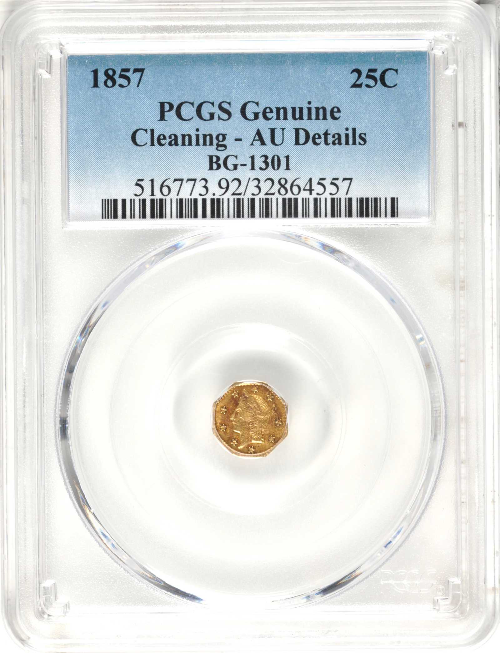 image for: 1857 Octagonal 25 Cents. BG-1301. Rarity-3. Liberty Head. AU Details--Cleaning (PCGS).
