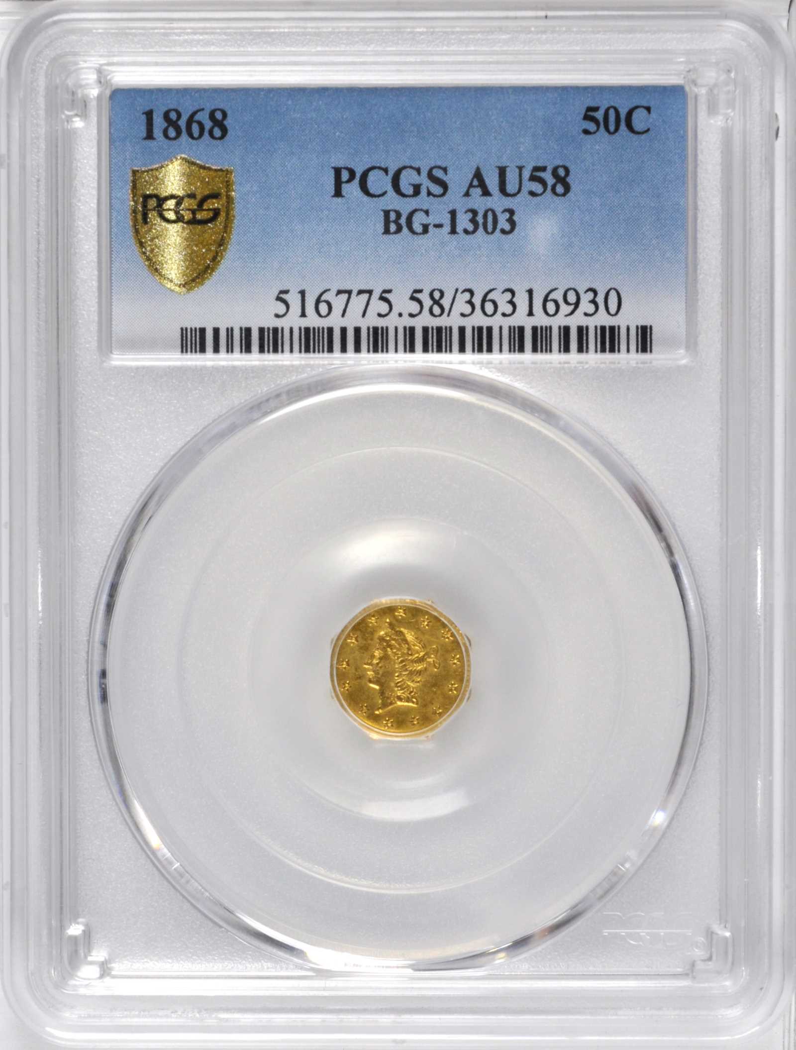 image for: 1868 Octagonal 50 Cents. BG-1303. Rarity-4. Liberty Head. AU-58 (PCGS).