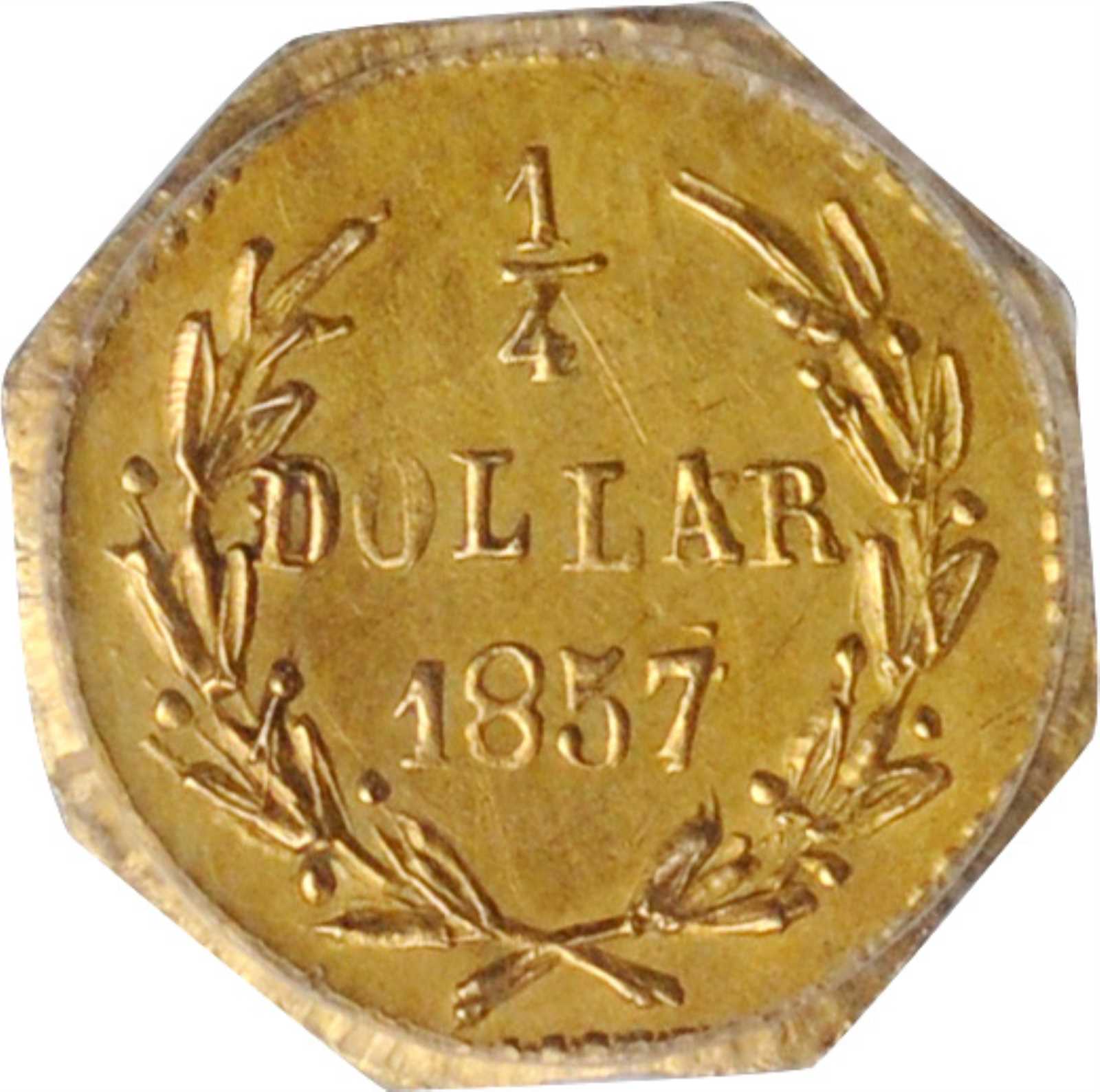 image for: 1857 Octagonal 25 Cents. BG-1301. Rarity-3. Liberty Head. MS-62 (PCGS).