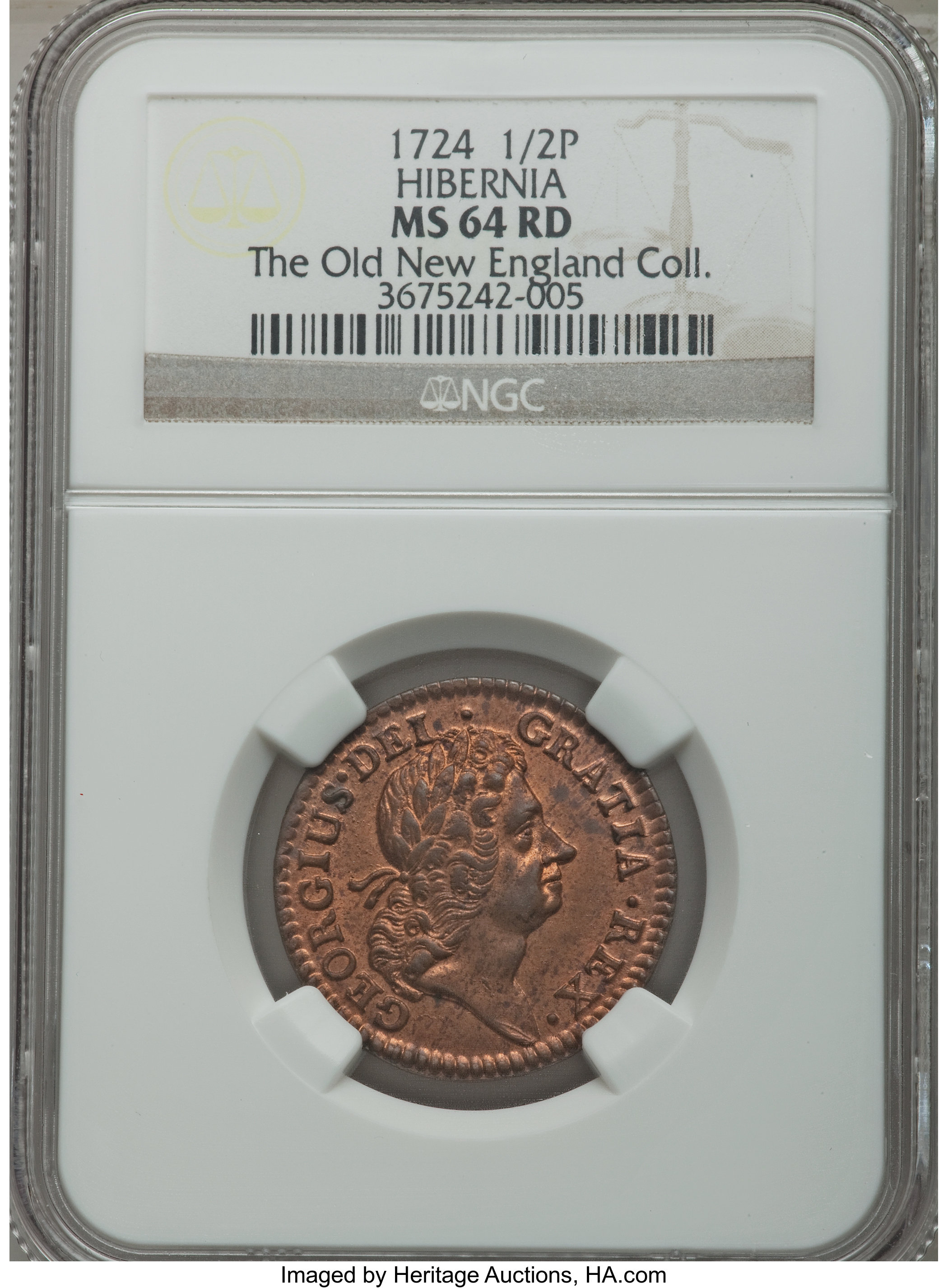 image for: 1724 1/2P Hibernia Halfpenny MS64 Red NGC. M. 4.51-K.4, W-13690, R.2....