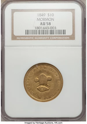 image for: 1849 $10 Mormon Ten Dollar AU58 NGC. K-3, R.7....