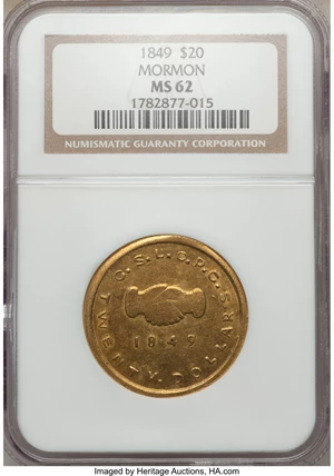 image for: 1849 $20 Mormon Twenty Dollar MS62 NGC. K-4, R.6....