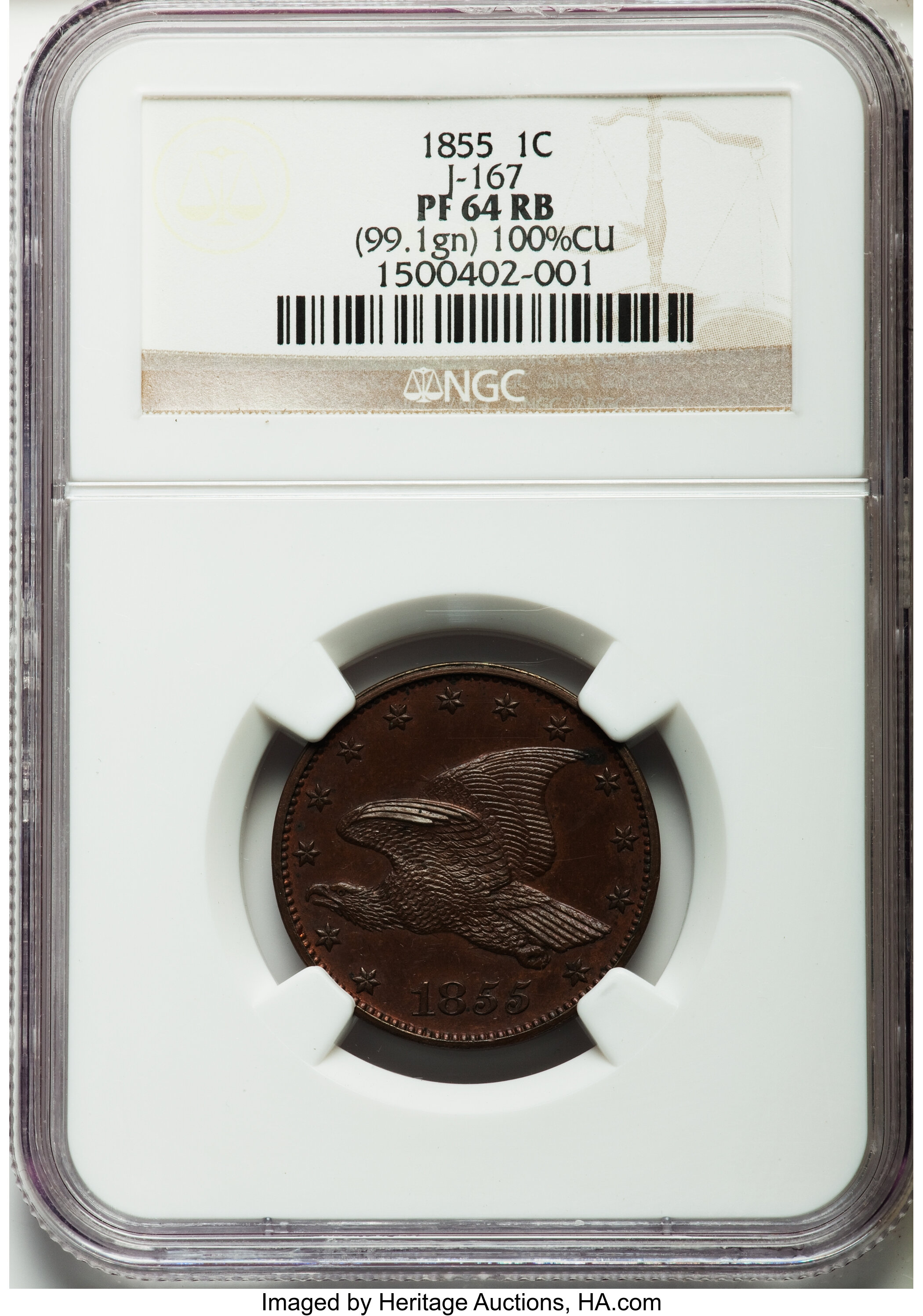 image for: 1855 P1C Flying Eagle Cent, Judd-167 Original, Pollock-193, R.5, PR64 Red and Brown NGC....