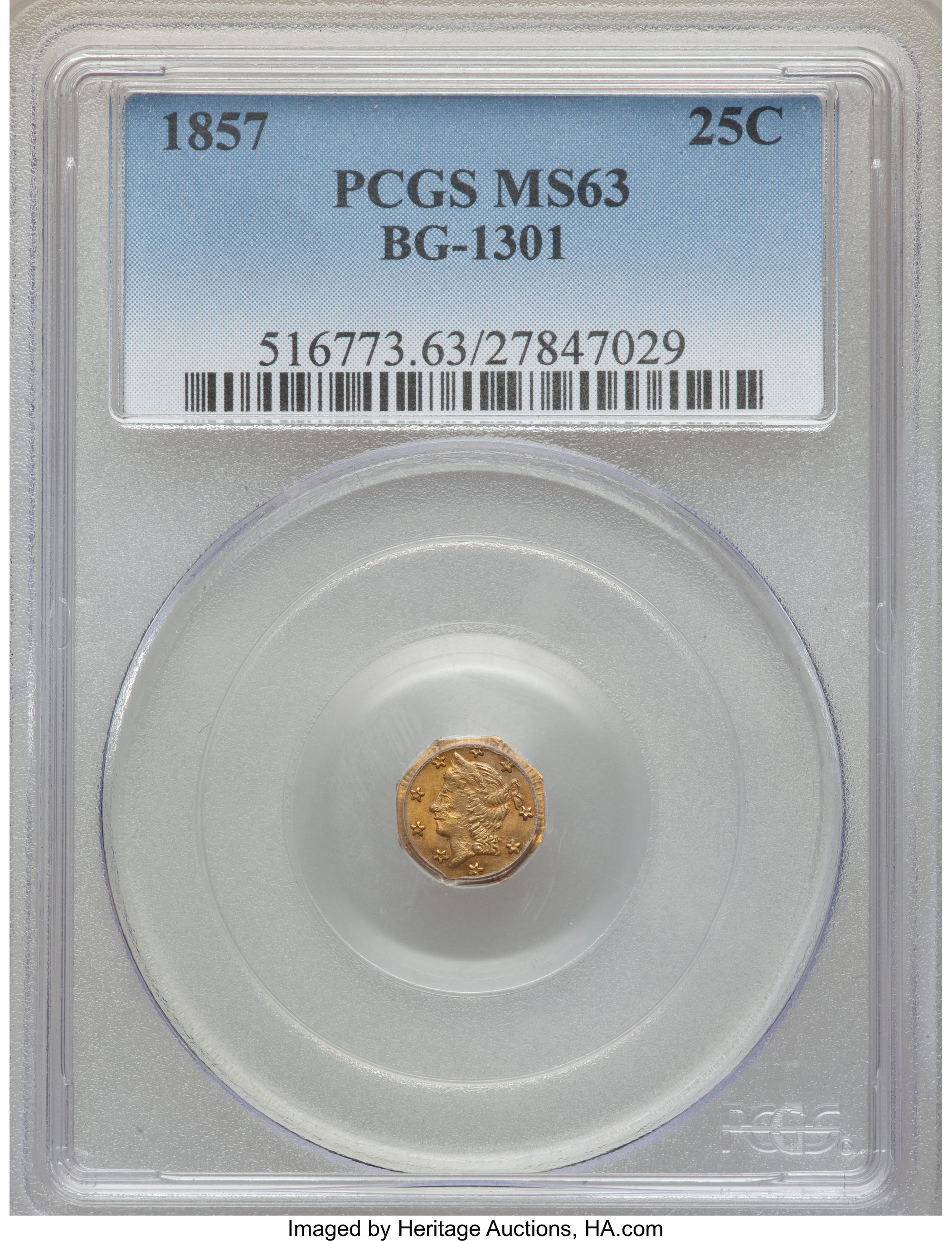 image for: 1857 25C Liberty Octagonal Quarter, BG-1301, R.3, MS63 PCGS. PCGS Population: (2/2). NGC Census: (0/0).  ...