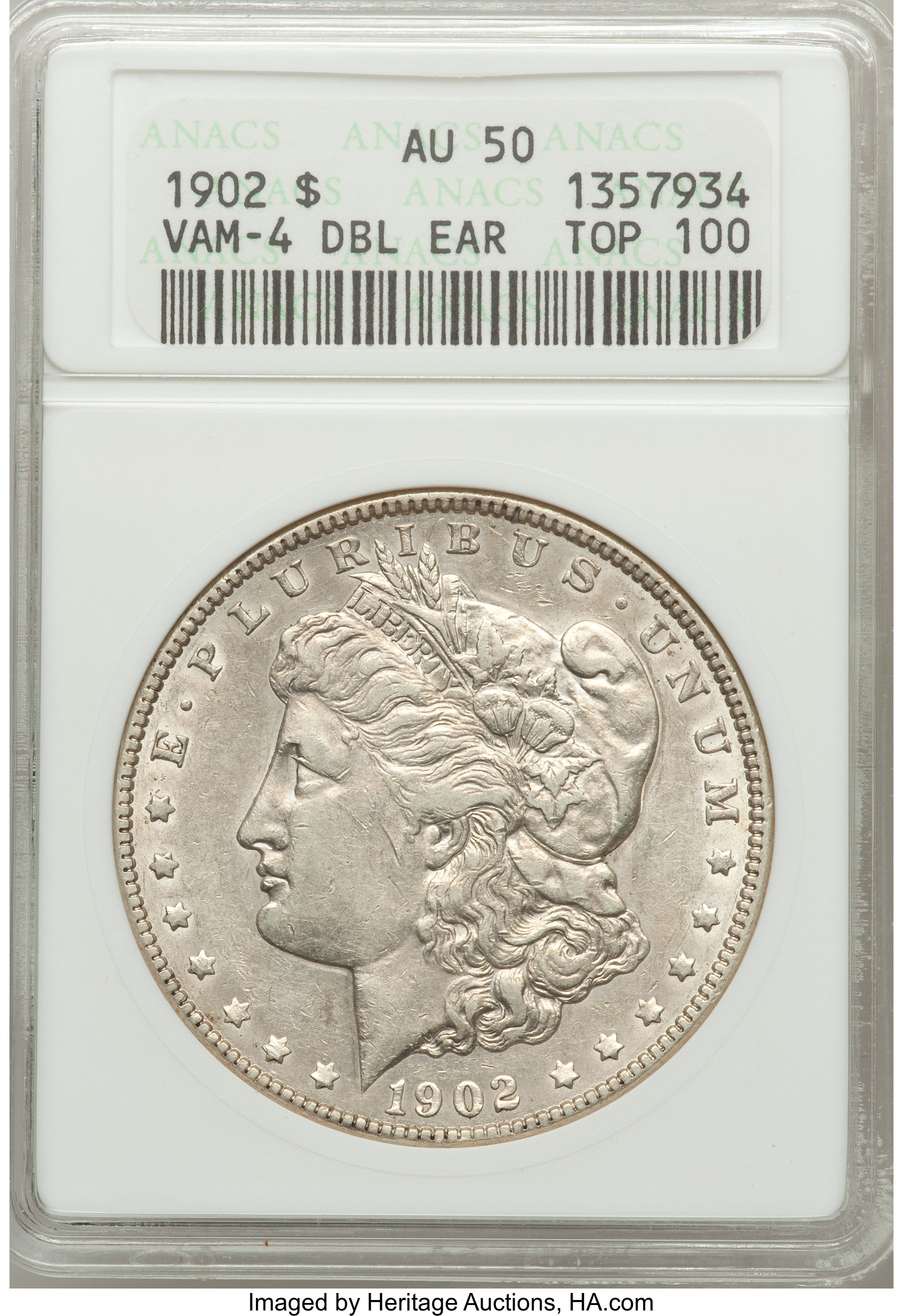 1902 $1 Doubled Ear AU50 ANACS. VAM-4. TOP-100. NGC Census: (11/5333). PCGS Population (18/7119). Mintage: 7,994,777. N...