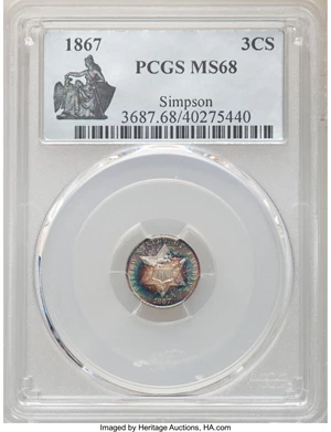 image for: 1867 3CS MS68 PCGS....