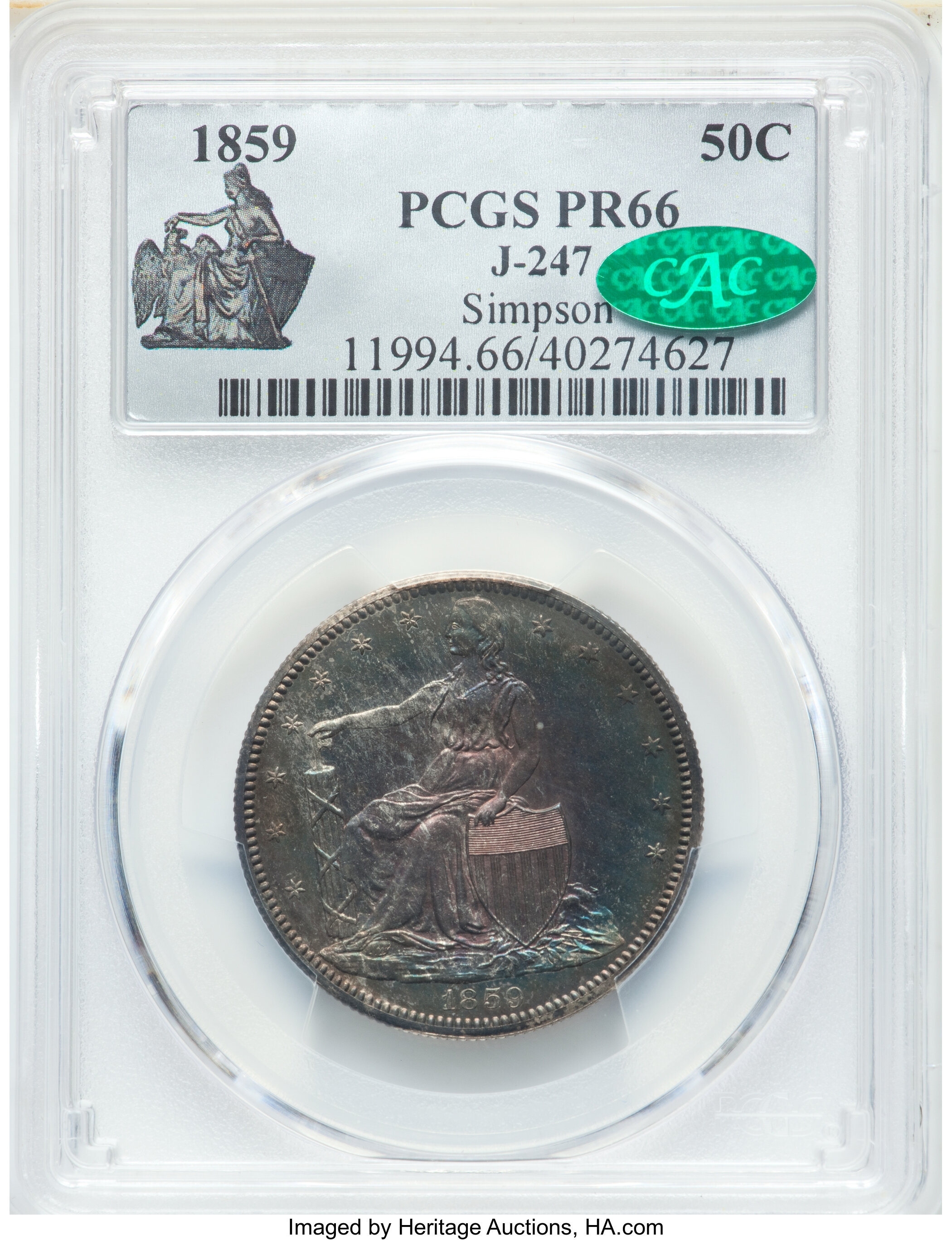 image for: 1859 P50C Half Dollar, Judd-247, Pollock-286, High R.7, PR66 PCGS. CAC....