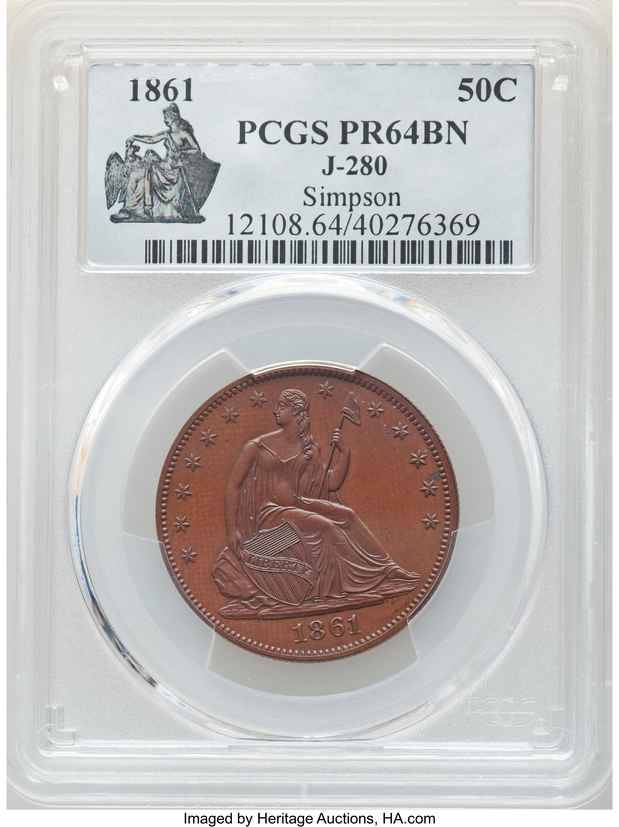 image for: 1861 P50C Half Dollar, Judd-280, Pollock-331, Low R.7, PR64 Brown PCGS....