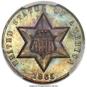 image for: 1865 3C Three Cent Silver, Judd-415, Pollock-487, High R.7, PR65 Brown PCGS....