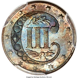 image for: 1865 3C Three Cent Silver, Judd-415, Pollock-487, High R.7, PR65 Brown PCGS....