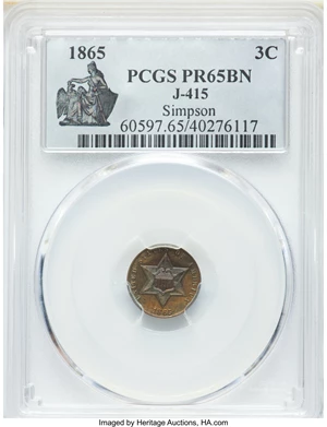 image for: 1865 3C Three Cent Silver, Judd-415, Pollock-487, High R.7, PR65 Brown PCGS....