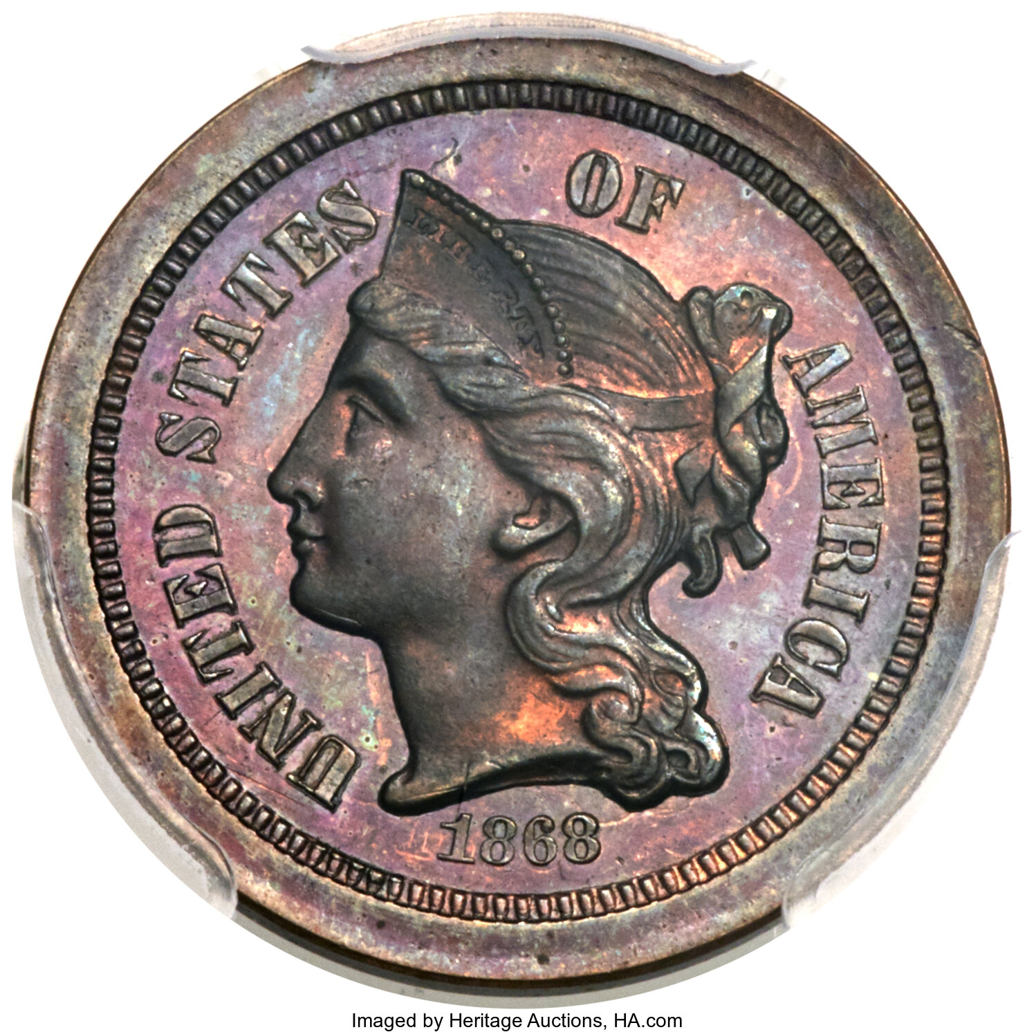 image for: 1868 3C Three Cent Nickel, Judd-616, Pollock-682, High R.6, PR64 Brown PCGS....