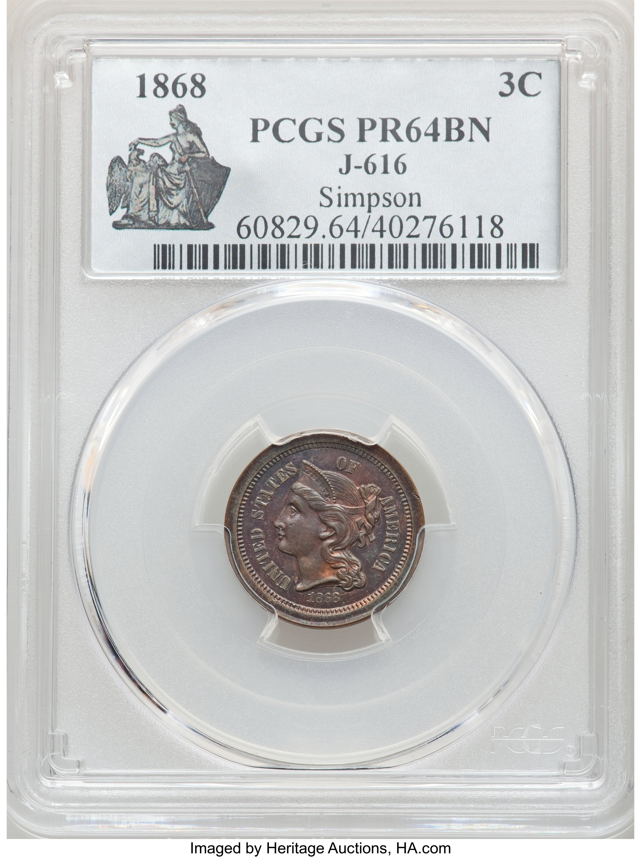 image for: 1868 3C Three Cent Nickel, Judd-616, Pollock-682, High R.6, PR64 Brown PCGS....