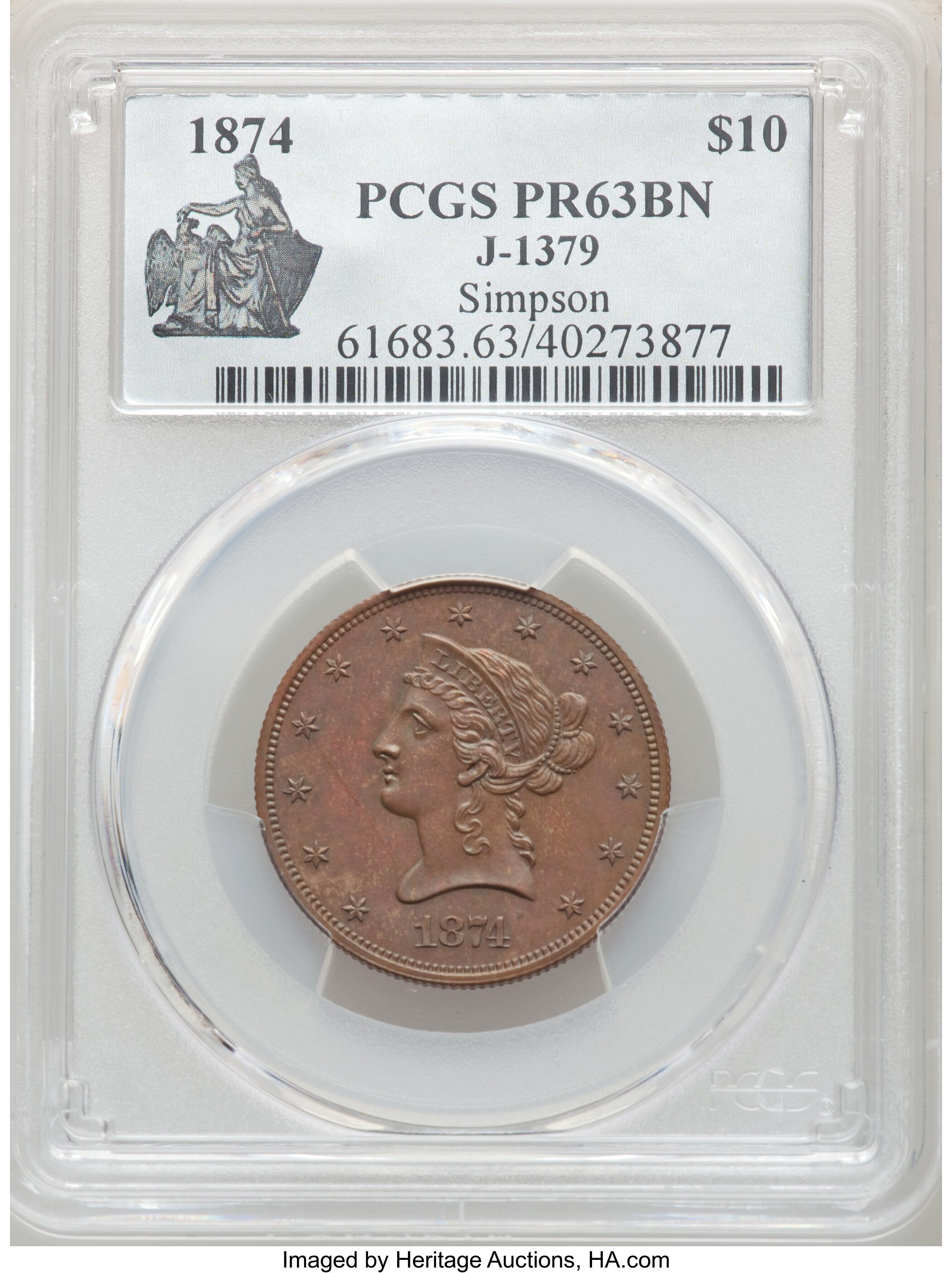 image for: 1874 $10 Ten Dollar, Judd-1379, Pollock-1524, R.8, PR63 Brown PCGS....