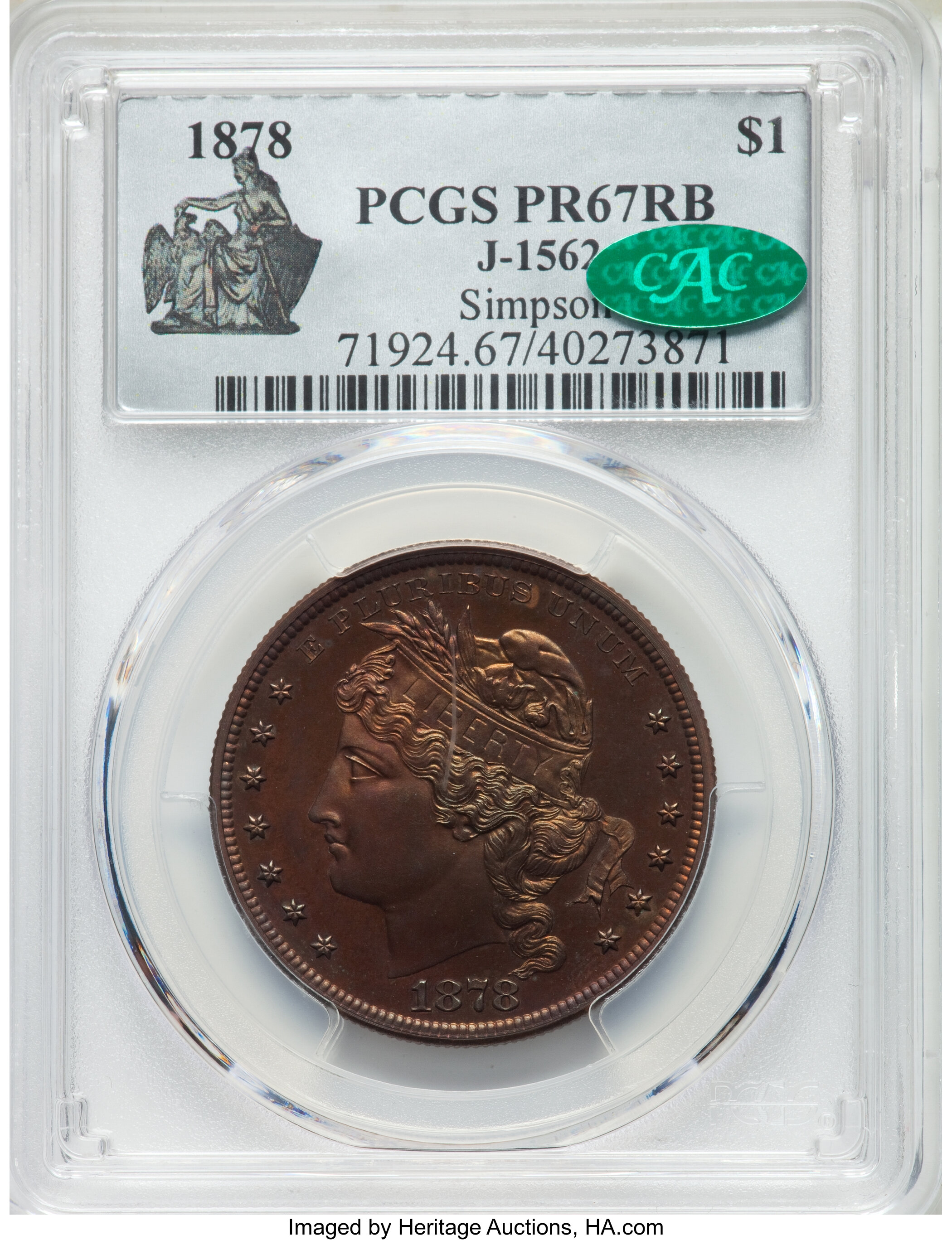 image for: 1878 $1 Judd-1562, Pollock-1753, High R.6, PR67 Red and Brown PCGS. CAC....
