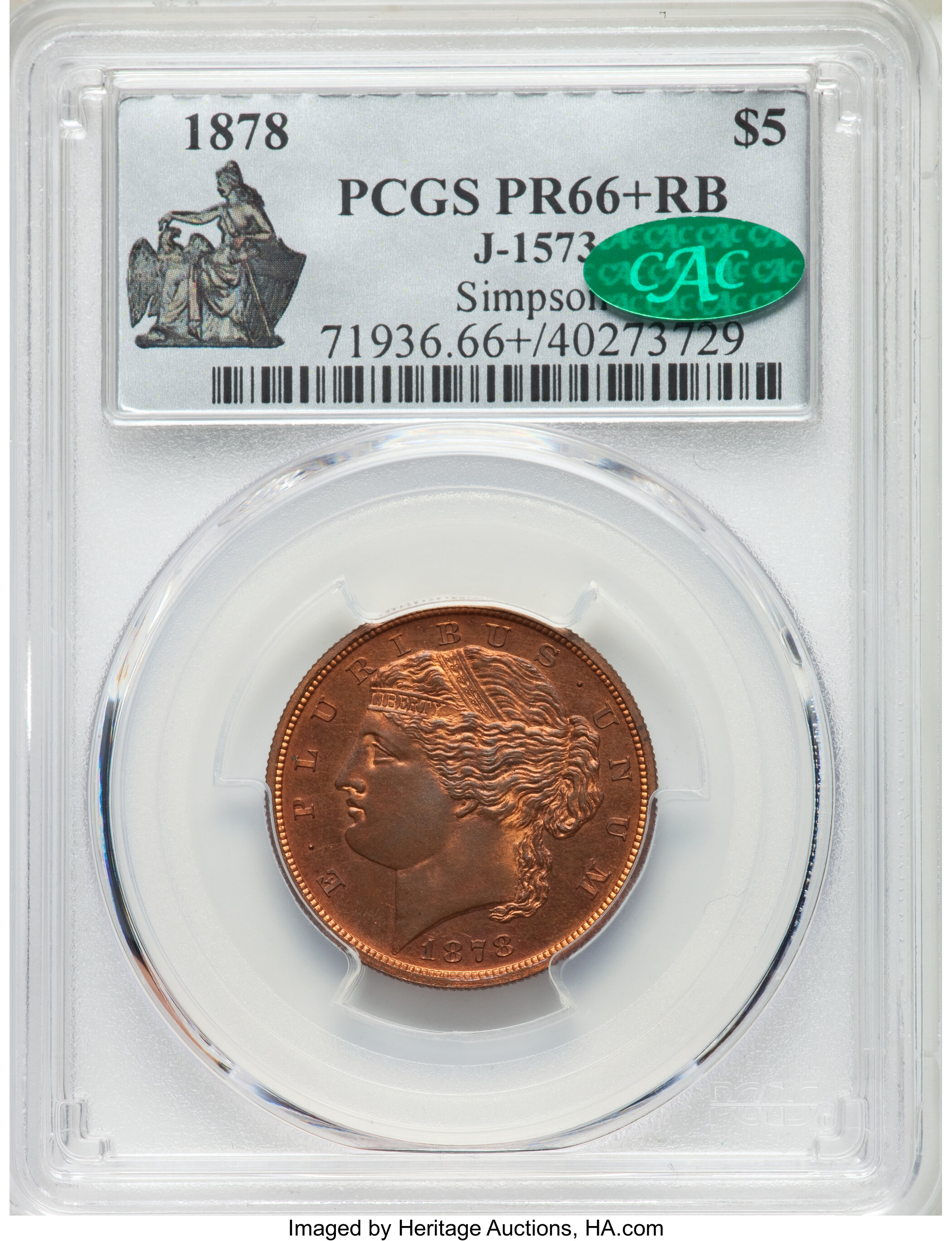 image for: 1878 $5 Five Dollar, Judd-1573, Pollock-1762, Low R.7, PR66+ Red and Brown PCGS. CAC....