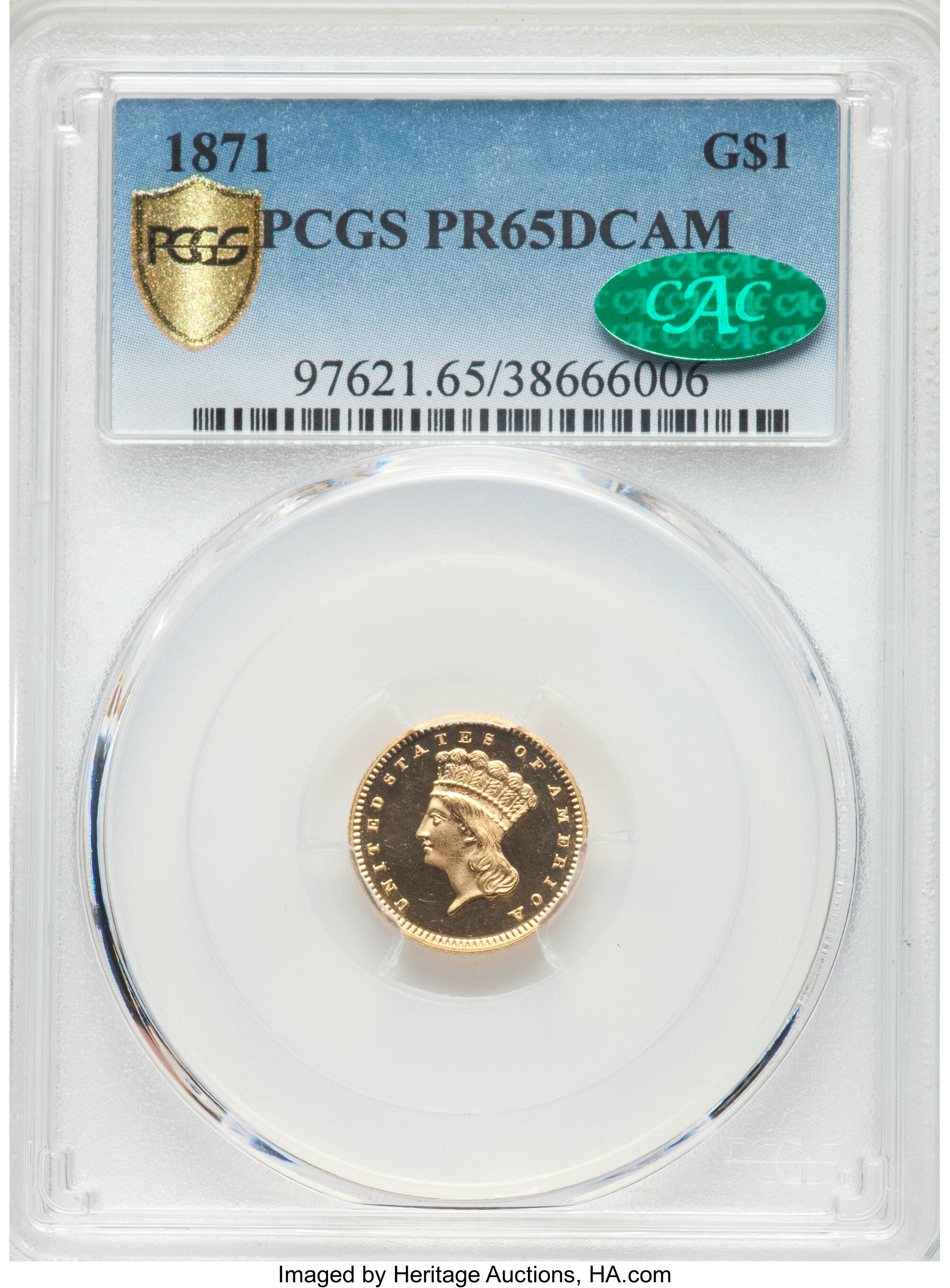 image for: 1871 G$1 PR65 Deep Cameo PCGS. CAC. JD-1, High R.6....