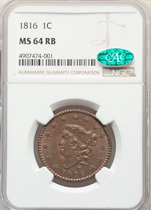 image for: 1816 1C N-2, R.1, MS64 Red and Brown NGC. CAC....