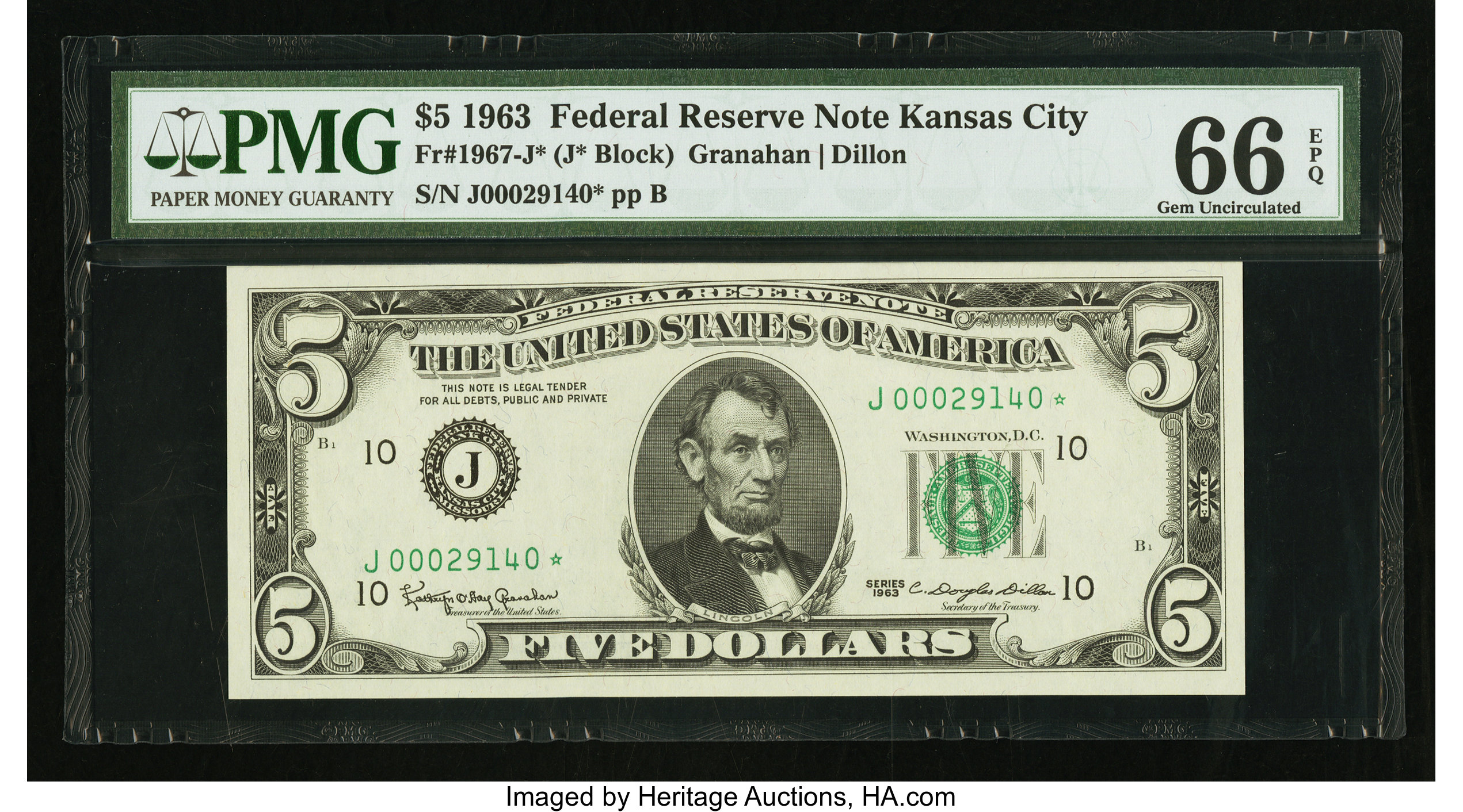 image for: Fr. 1967-J* $5 1963 Federal Reserve Star Note. PMG Gem Uncirculated 66 EPQ....
