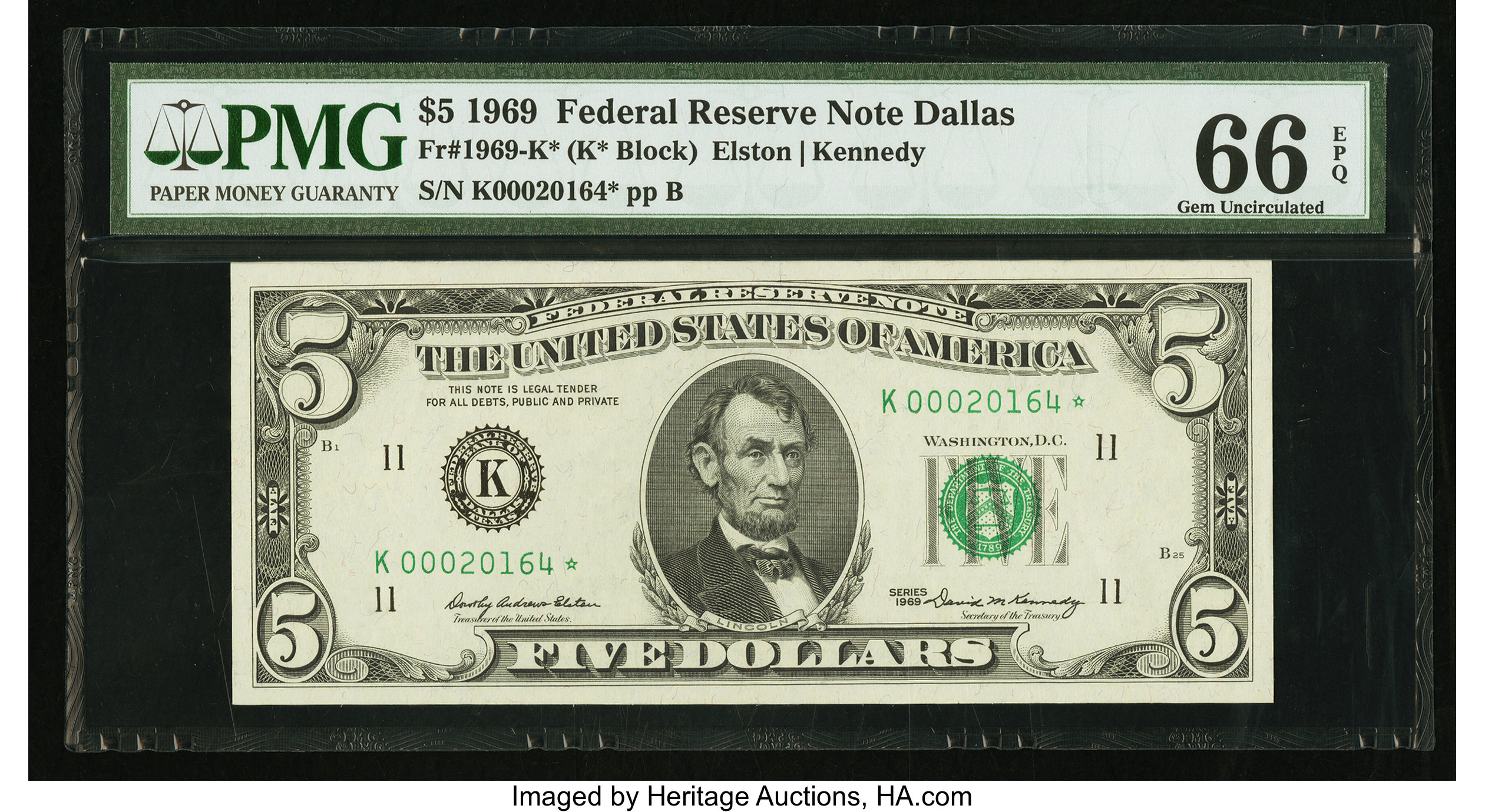 image for: Fr. 1969-K* $5 1969 Federal Reserve Star Note. PMG Gem Uncirculated 66 EPQ....
