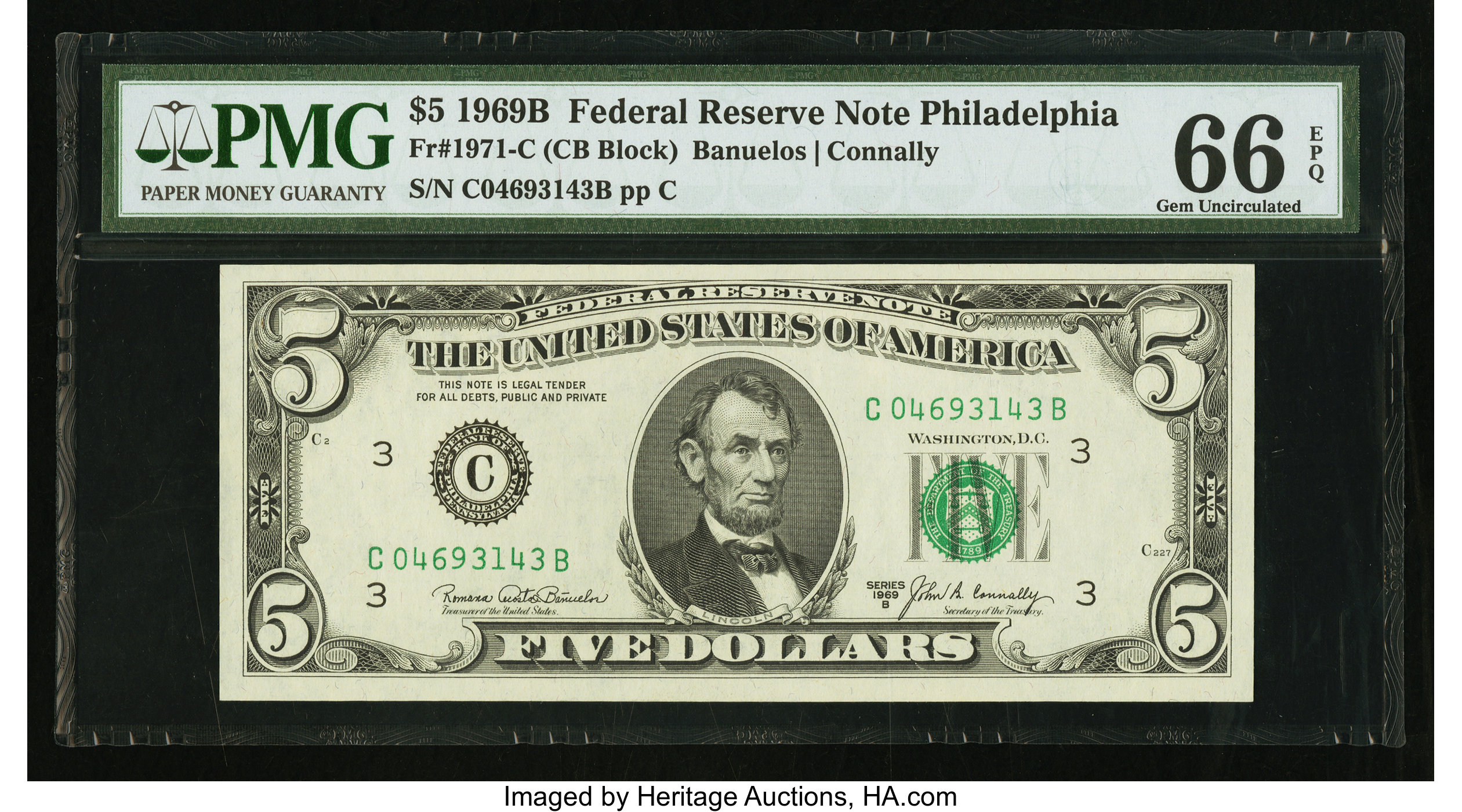 image for: Fr. 1971-C $5 1969B Federal Reserve Note. PMG Gem Uncirculated 66 EPQ....
