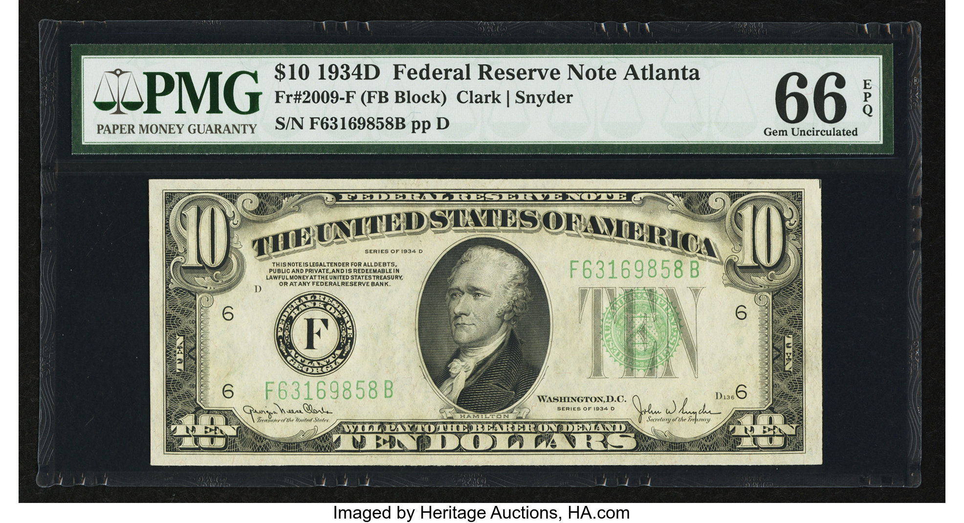 image for: Fr. 2009-F $10 1934D Federal Reserve Note. PMG Gem Uncirculated 66 EPQ....