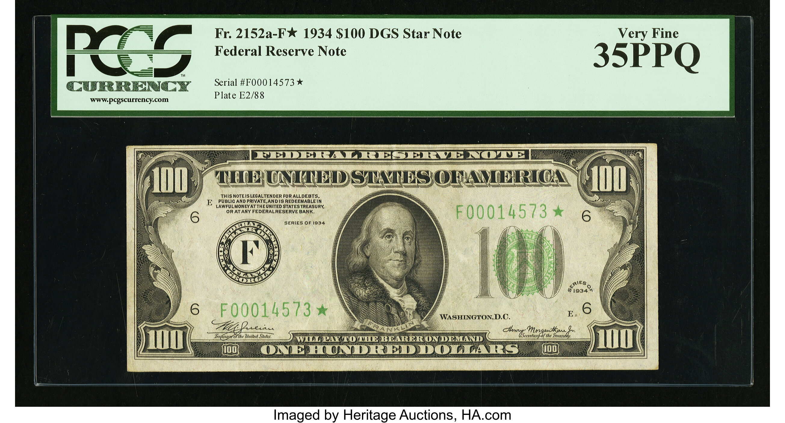 image for: Fr. 2152-F* $100 1934 Dark Green Seal Federal Reserve Star Note. PCGS Very Fine 35PPQ....