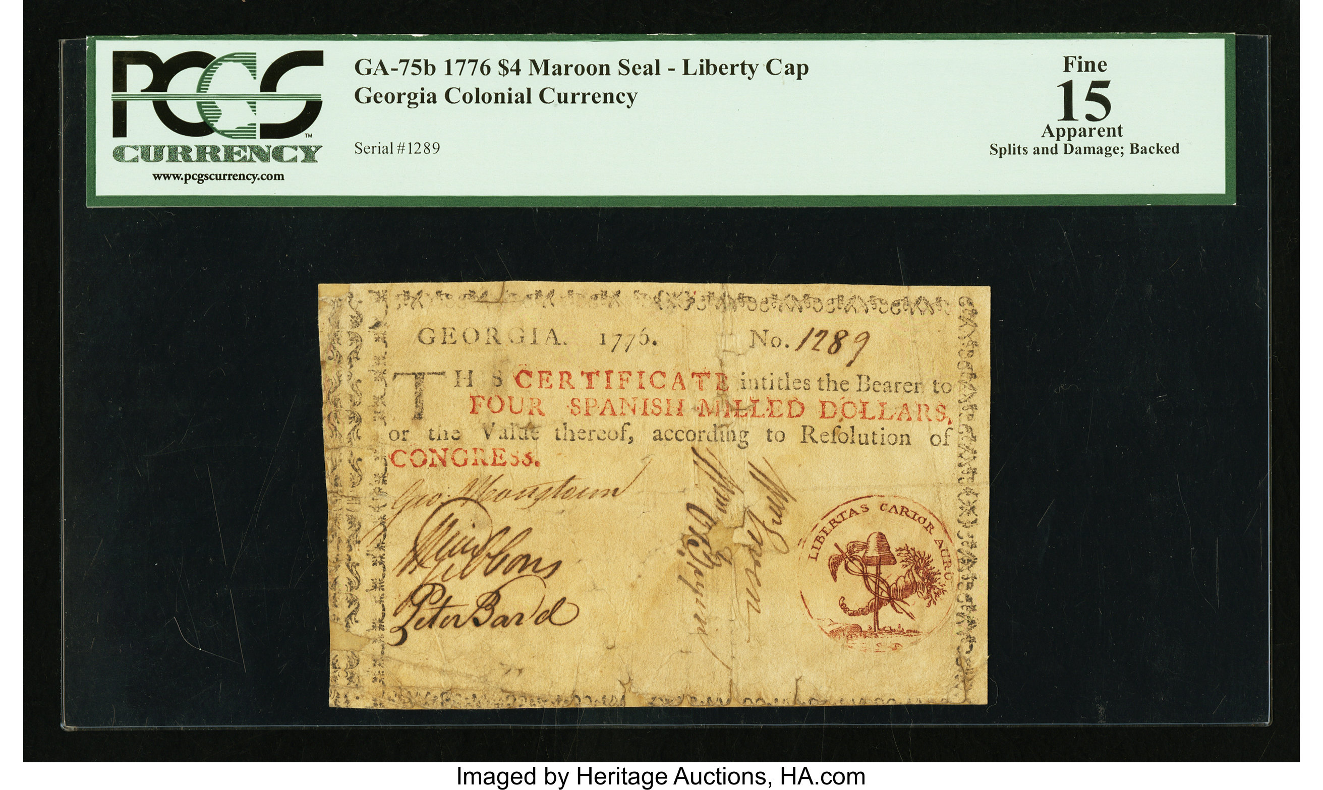 image for: Georgia 1776 $4 Maroon Seal Liberty Cap PCGS Apparent Fine 15....