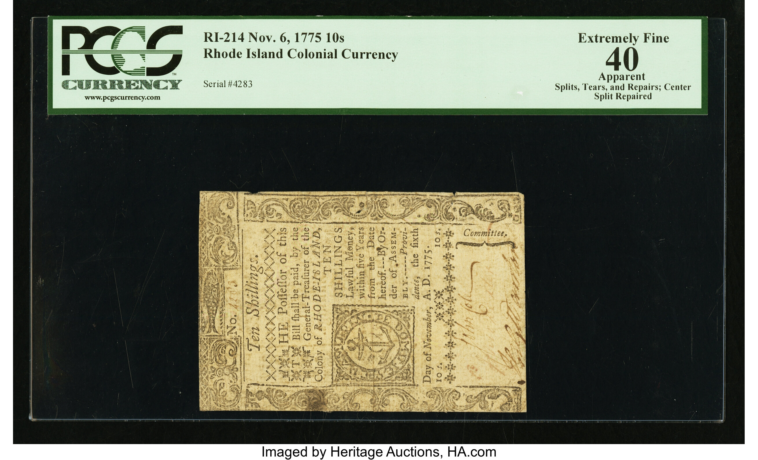 image for: Rhode Island November 6, 1775 10s PCGS Apparent Extremely Fine 40....