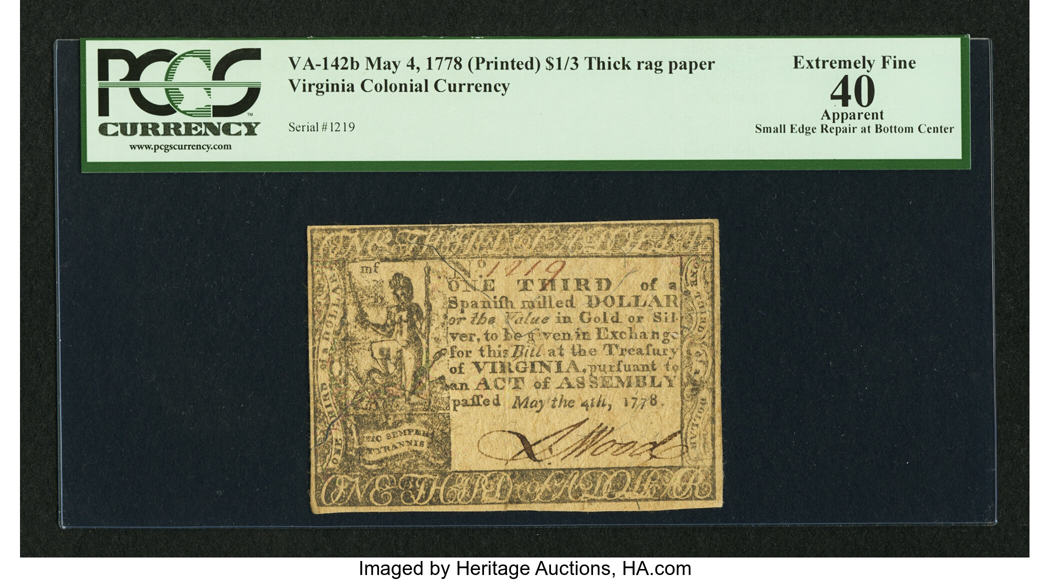 image for: Virginia May 4, 1778 (Printed Date) $1/3 PCGS Apparent Extremely Fine 40....