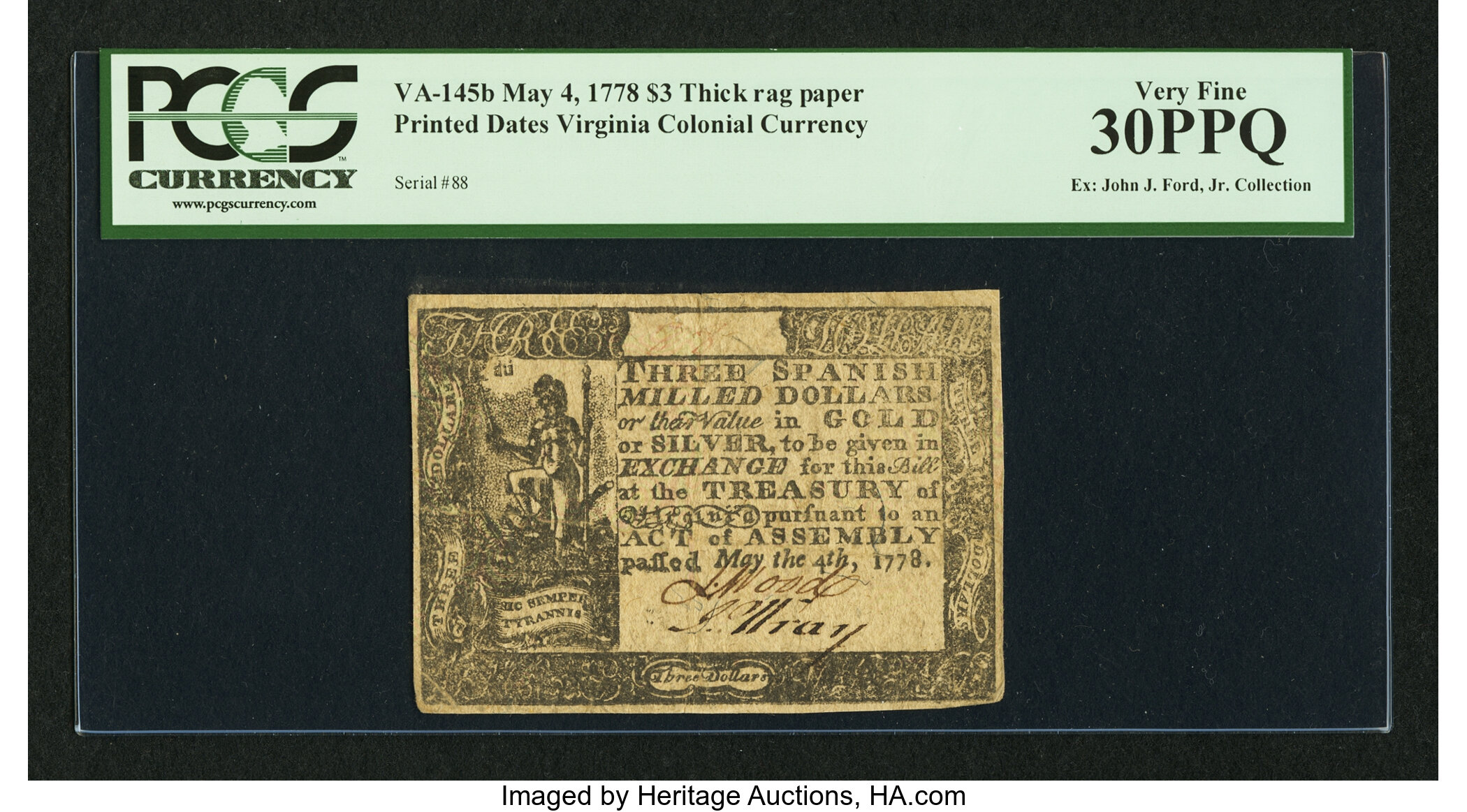 image for: Virginia May 4, 1778 (Printed Date) $3 PCGS Very Fine 30PPQ....