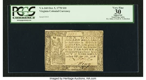 image for: Virginia October 5, 1778 $10 PCGS Apparent Very Fine 30....