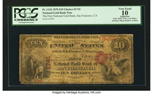 image for: San Francisco, CA - $10 Original National Gold Bank Note Fr. 1142 The First National Gold Bank Ch. # 1741...